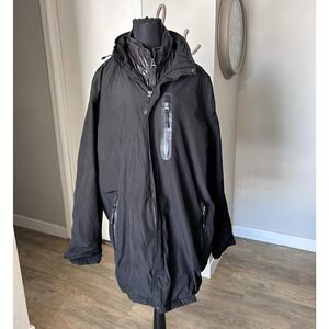 Tumi Tech Men's Black Hooded Winter Rain Jacket Trench Traveler Coat Size XL